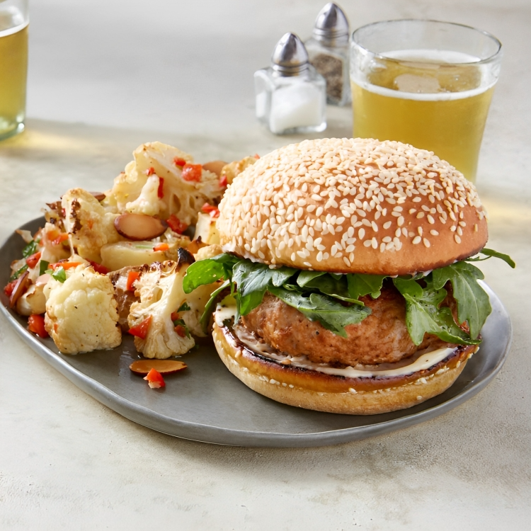 Hickory Burger with Roasted Cauliflower, Sweet Potato and Honey Mustard (GL)